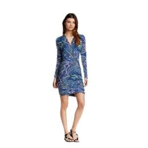 Mara Hoffman Long Sleeve Mini Dress - Abstract Print, V-Neck,‎ Ruched - Bodycon
